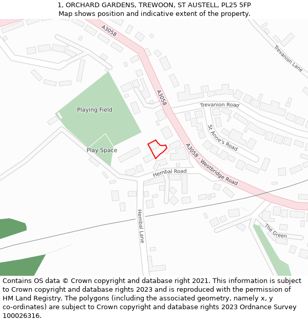 1, ORCHARD GARDENS, TREWOON, ST AUSTELL, PL25 5FP: Location map and indicative extent of plot