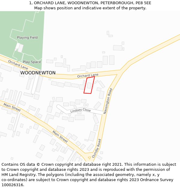 1, ORCHARD LANE, WOODNEWTON, PETERBOROUGH, PE8 5EE: Location map and indicative extent of plot