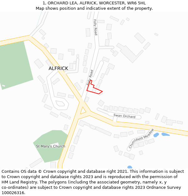 1, ORCHARD LEA, ALFRICK, WORCESTER, WR6 5HL: Location map and indicative extent of plot