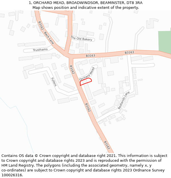 1, ORCHARD MEAD, BROADWINDSOR, BEAMINSTER, DT8 3RA: Location map and indicative extent of plot