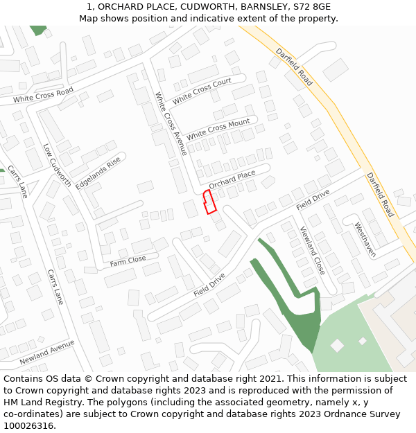 1, ORCHARD PLACE, CUDWORTH, BARNSLEY, S72 8GE: Location map and indicative extent of plot