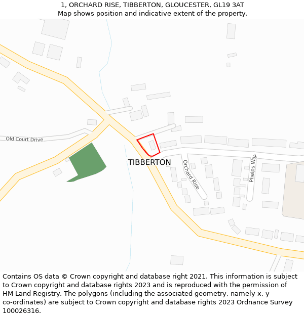 1, ORCHARD RISE, TIBBERTON, GLOUCESTER, GL19 3AT: Location map and indicative extent of plot