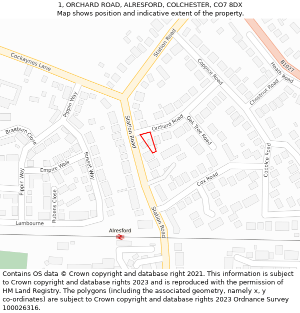 1, ORCHARD ROAD, ALRESFORD, COLCHESTER, CO7 8DX: Location map and indicative extent of plot