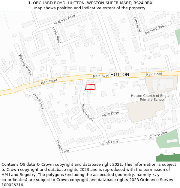 1, ORCHARD ROAD, HUTTON, WESTON-SUPER-MARE, BS24 9RX: Location map and indicative extent of plot