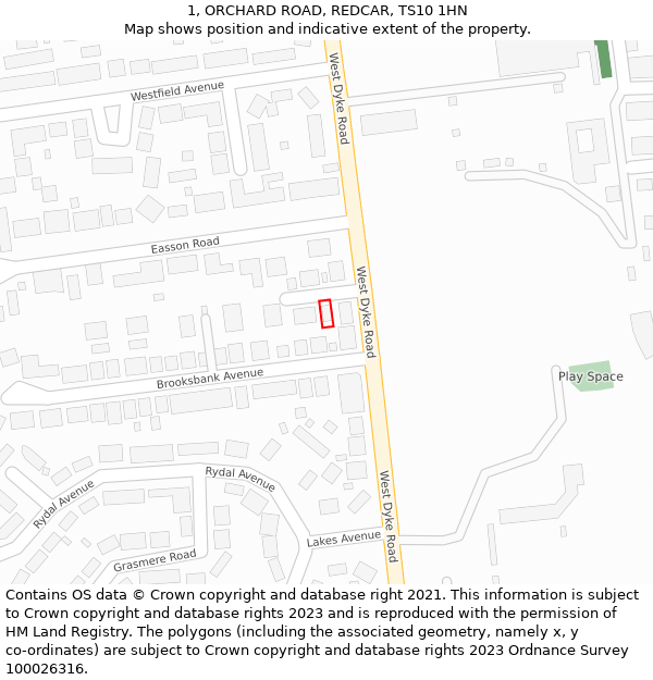 1, ORCHARD ROAD, REDCAR, TS10 1HN: Location map and indicative extent of plot