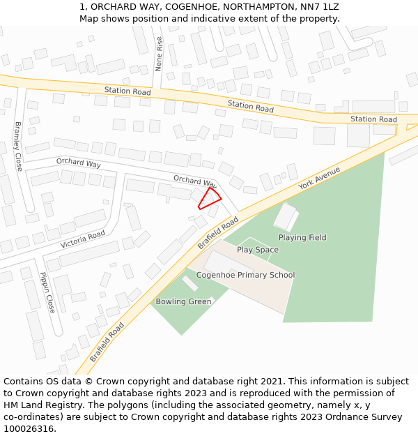 1, ORCHARD WAY, COGENHOE, NORTHAMPTON, NN7 1LZ: Location map and indicative extent of plot