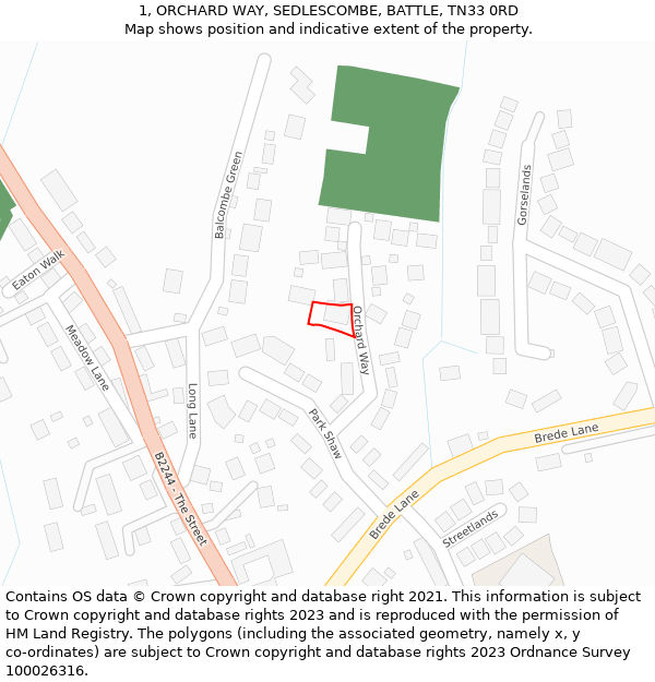 1, ORCHARD WAY, SEDLESCOMBE, BATTLE, TN33 0RD: Location map and indicative extent of plot