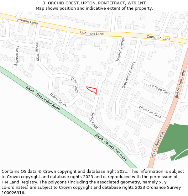 1, ORCHID CREST, UPTON, PONTEFRACT, WF9 1NT: Location map and indicative extent of plot