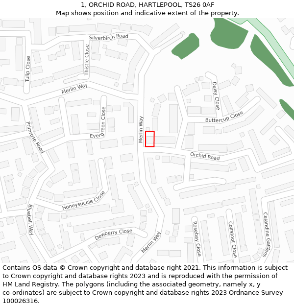 1, ORCHID ROAD, HARTLEPOOL, TS26 0AF: Location map and indicative extent of plot