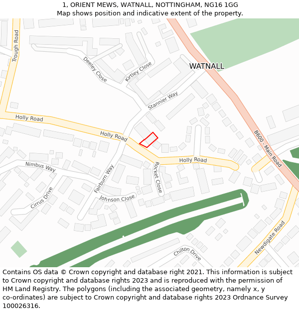 1, ORIENT MEWS, WATNALL, NOTTINGHAM, NG16 1GG: Location map and indicative extent of plot