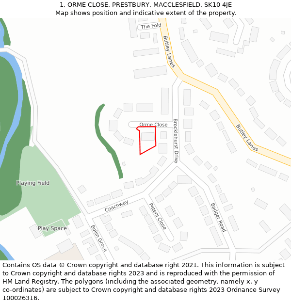 1, ORME CLOSE, PRESTBURY, MACCLESFIELD, SK10 4JE: Location map and indicative extent of plot