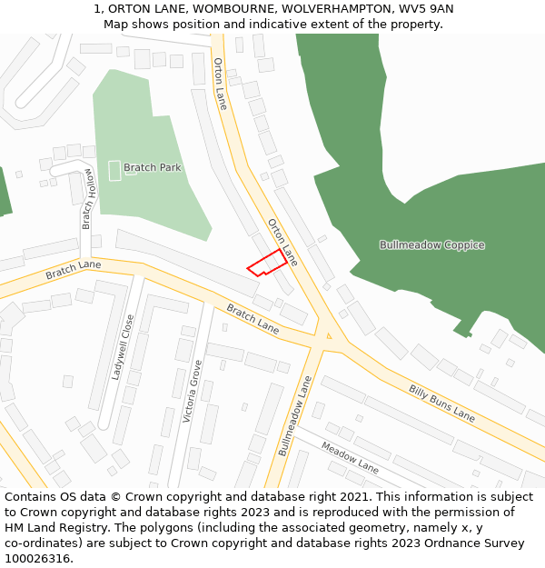1, ORTON LANE, WOMBOURNE, WOLVERHAMPTON, WV5 9AN: Location map and indicative extent of plot