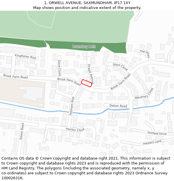 1, ORWELL AVENUE, SAXMUNDHAM, IP17 1XY: Location map and indicative extent of plot