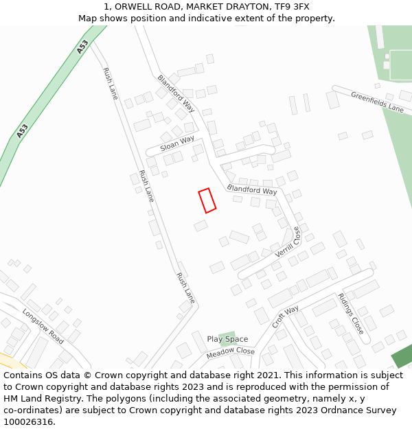 1, ORWELL ROAD, MARKET DRAYTON, TF9 3FX: Location map and indicative extent of plot