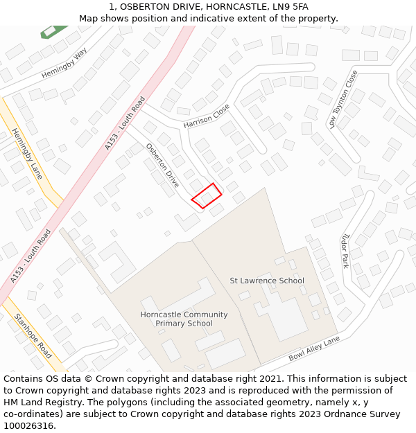 1, OSBERTON DRIVE, HORNCASTLE, LN9 5FA: Location map and indicative extent of plot