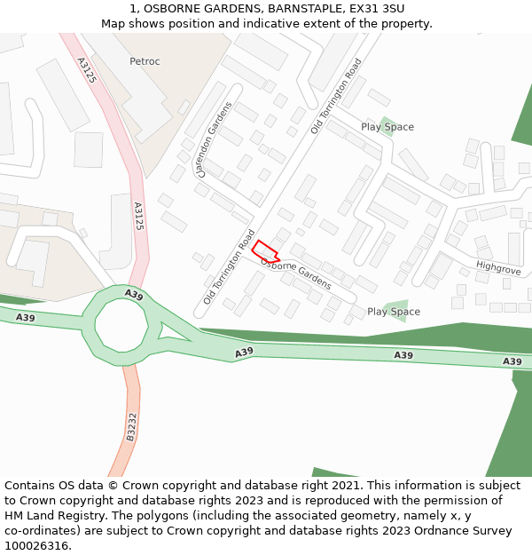 1, OSBORNE GARDENS, BARNSTAPLE, EX31 3SU: Location map and indicative extent of plot