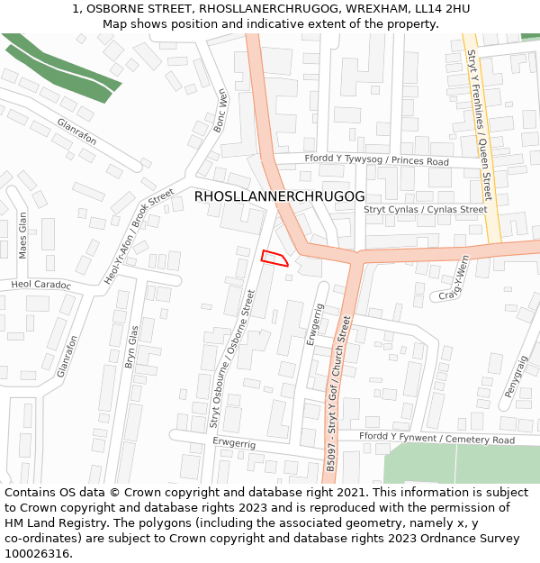 1, OSBORNE STREET, RHOSLLANERCHRUGOG, WREXHAM, LL14 2HU: Location map and indicative extent of plot