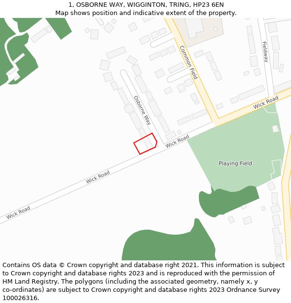 1, OSBORNE WAY, WIGGINTON, TRING, HP23 6EN: Location map and indicative extent of plot