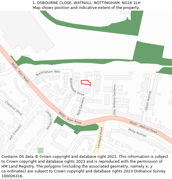 1, OSBOURNE CLOSE, WATNALL, NOTTINGHAM, NG16 1LH: Location map and indicative extent of plot