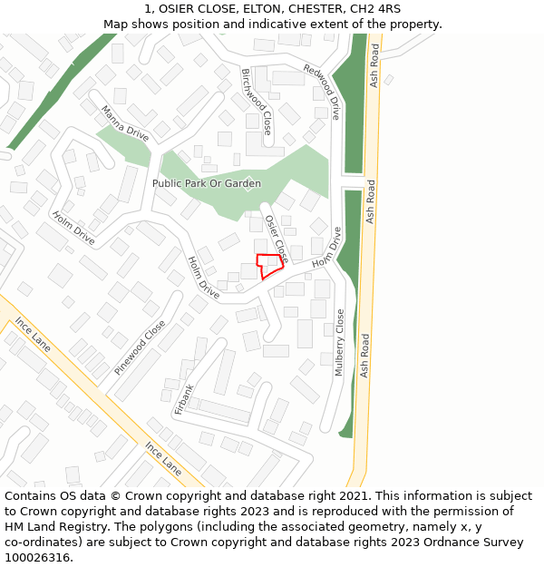 1, OSIER CLOSE, ELTON, CHESTER, CH2 4RS: Location map and indicative extent of plot