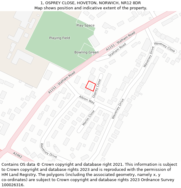 1, OSPREY CLOSE, HOVETON, NORWICH, NR12 8DR: Location map and indicative extent of plot