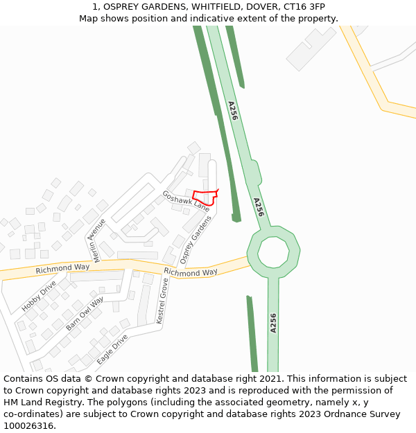 1, OSPREY GARDENS, WHITFIELD, DOVER, CT16 3FP: Location map and indicative extent of plot