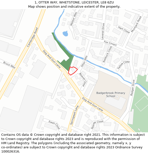 1, OTTER WAY, WHETSTONE, LEICESTER, LE8 6ZU: Location map and indicative extent of plot