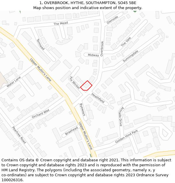 1, OVERBROOK, HYTHE, SOUTHAMPTON, SO45 5BE: Location map and indicative extent of plot