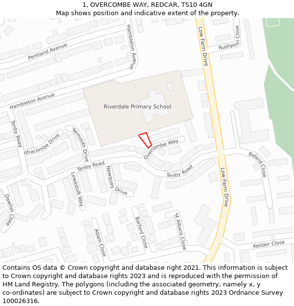 1, OVERCOMBE WAY, REDCAR, TS10 4GN: Location map and indicative extent of plot