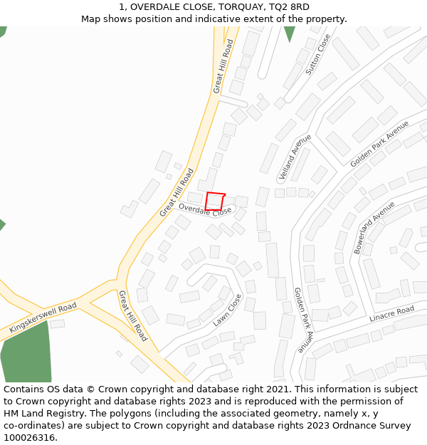 1, OVERDALE CLOSE, TORQUAY, TQ2 8RD: Location map and indicative extent of plot