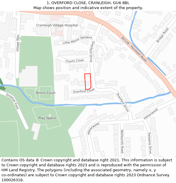 1, OVERFORD CLOSE, CRANLEIGH, GU6 8BL: Location map and indicative extent of plot