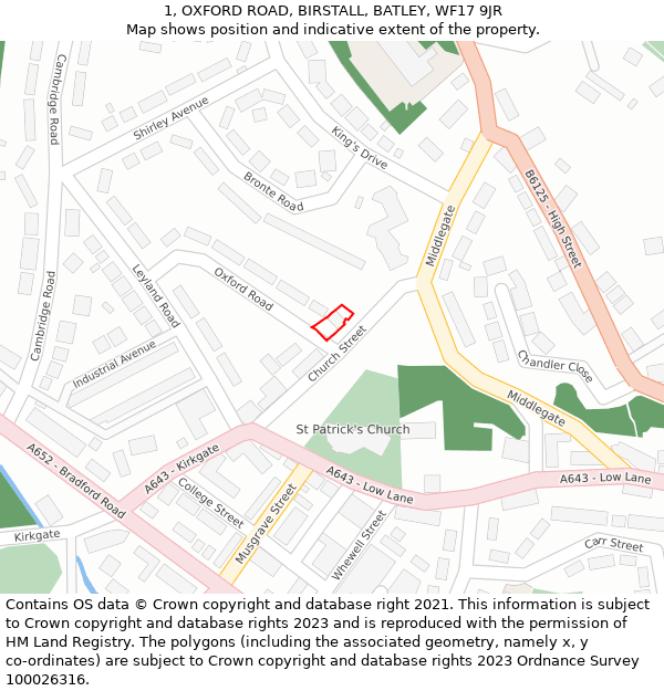 1, OXFORD ROAD, BIRSTALL, BATLEY, WF17 9JR: Location map and indicative extent of plot