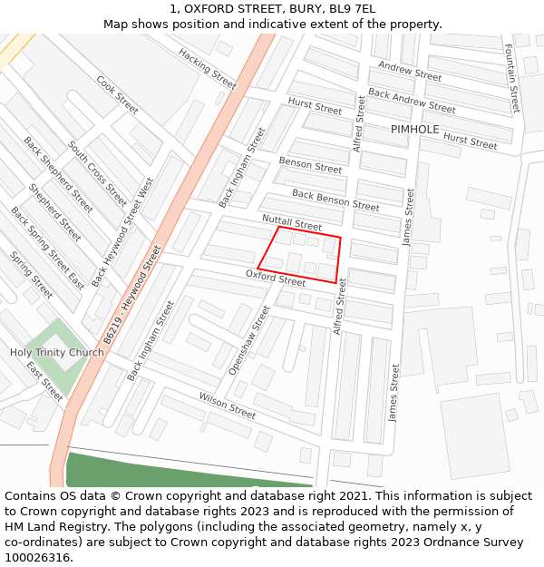 1, OXFORD STREET, BURY, BL9 7EL: Location map and indicative extent of plot