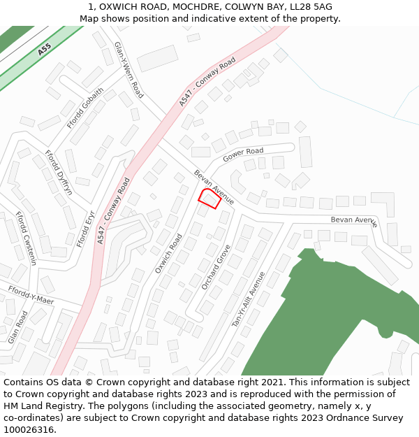 1, OXWICH ROAD, MOCHDRE, COLWYN BAY, LL28 5AG: Location map and indicative extent of plot
