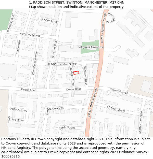 1, PADDISON STREET, SWINTON, MANCHESTER, M27 0NN: Location map and indicative extent of plot