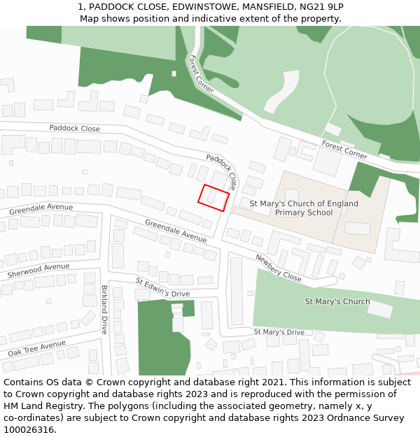 1, PADDOCK CLOSE, EDWINSTOWE, MANSFIELD, NG21 9LP: Location map and indicative extent of plot