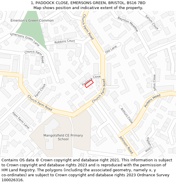 1, PADDOCK CLOSE, EMERSONS GREEN, BRISTOL, BS16 7BD: Location map and indicative extent of plot