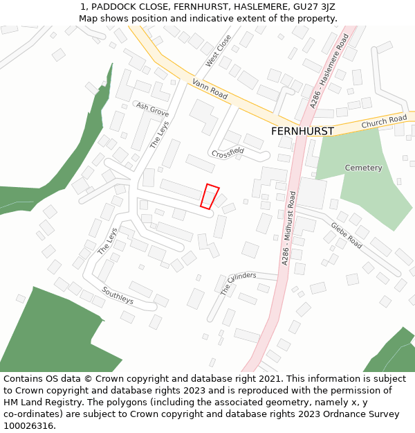 1, PADDOCK CLOSE, FERNHURST, HASLEMERE, GU27 3JZ: Location map and indicative extent of plot