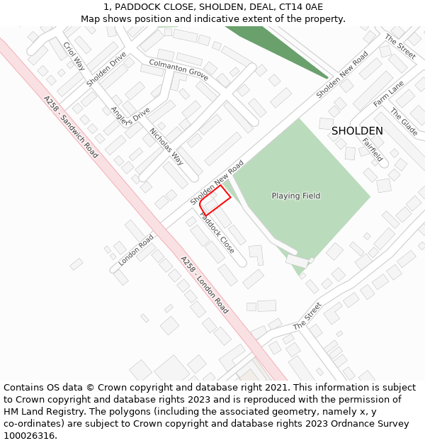 1, PADDOCK CLOSE, SHOLDEN, DEAL, CT14 0AE: Location map and indicative extent of plot