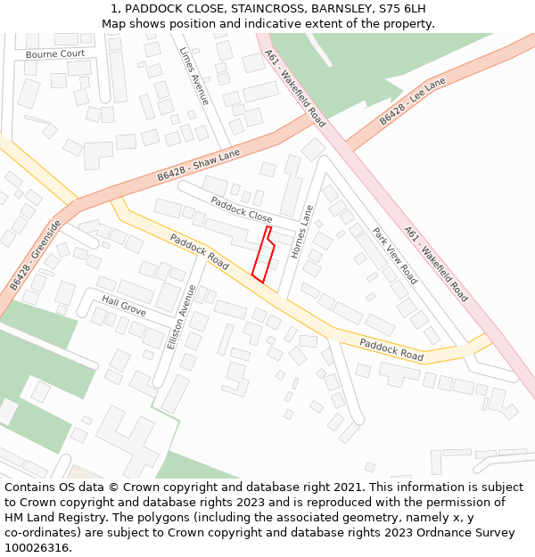 1, PADDOCK CLOSE, STAINCROSS, BARNSLEY, S75 6LH: Location map and indicative extent of plot