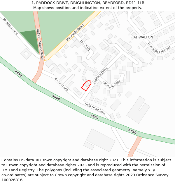 1, PADDOCK DRIVE, DRIGHLINGTON, BRADFORD, BD11 1LB: Location map and indicative extent of plot