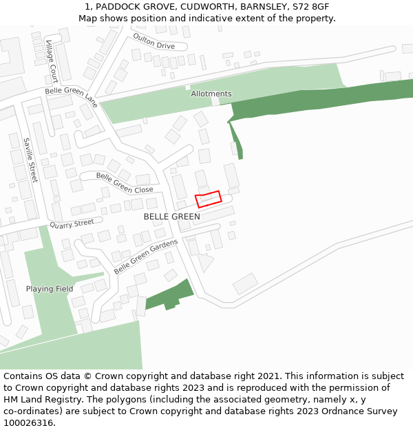 1, PADDOCK GROVE, CUDWORTH, BARNSLEY, S72 8GF: Location map and indicative extent of plot