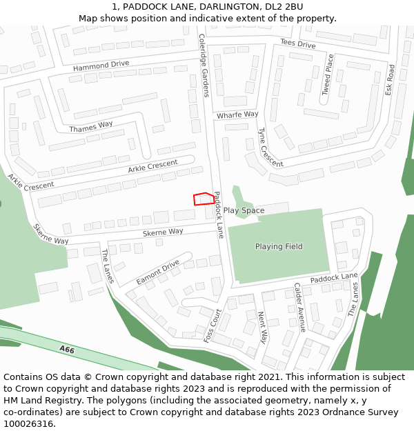 1, PADDOCK LANE, DARLINGTON, DL2 2BU: Location map and indicative extent of plot