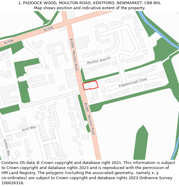 1, PADDOCK WOOD, MOULTON ROAD, KENTFORD, NEWMARKET, CB8 8HL: Location map and indicative extent of plot
