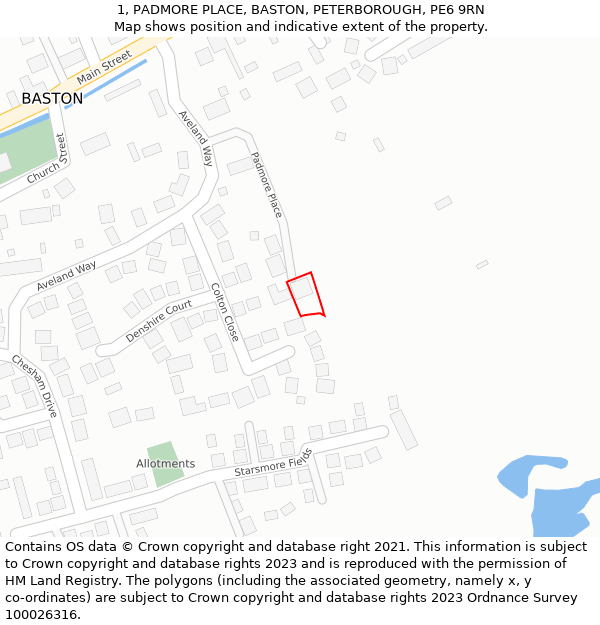 1, PADMORE PLACE, BASTON, PETERBOROUGH, PE6 9RN: Location map and indicative extent of plot