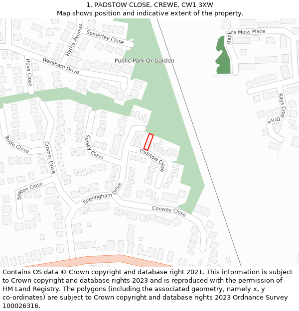 1, PADSTOW CLOSE, CREWE, CW1 3XW: Location map and indicative extent of plot