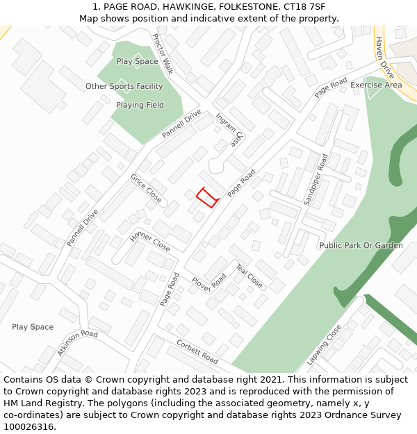 1, PAGE ROAD, HAWKINGE, FOLKESTONE, CT18 7SF: Location map and indicative extent of plot