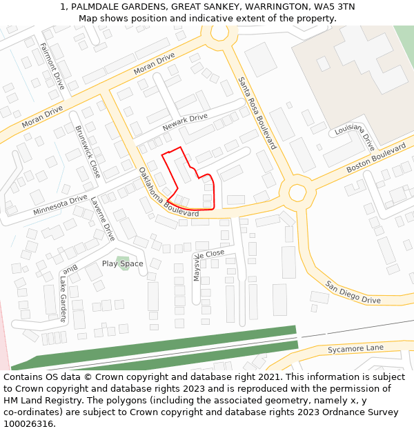 1, PALMDALE GARDENS, GREAT SANKEY, WARRINGTON, WA5 3TN: Location map and indicative extent of plot