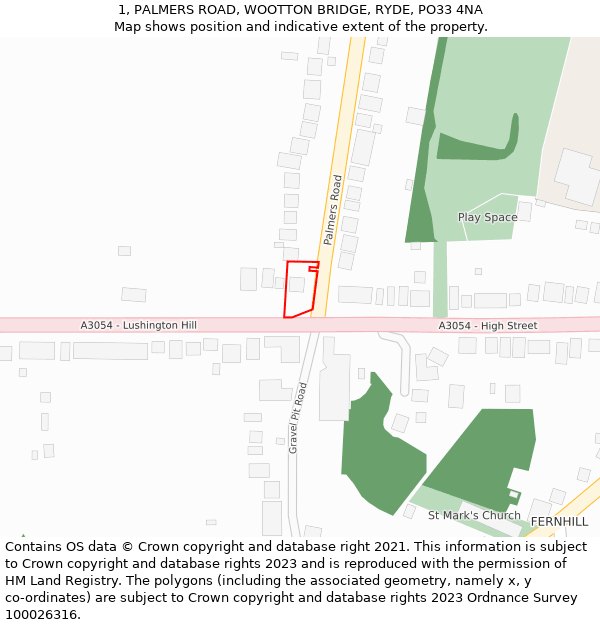 1, PALMERS ROAD, WOOTTON BRIDGE, RYDE, PO33 4NA: Location map and indicative extent of plot
