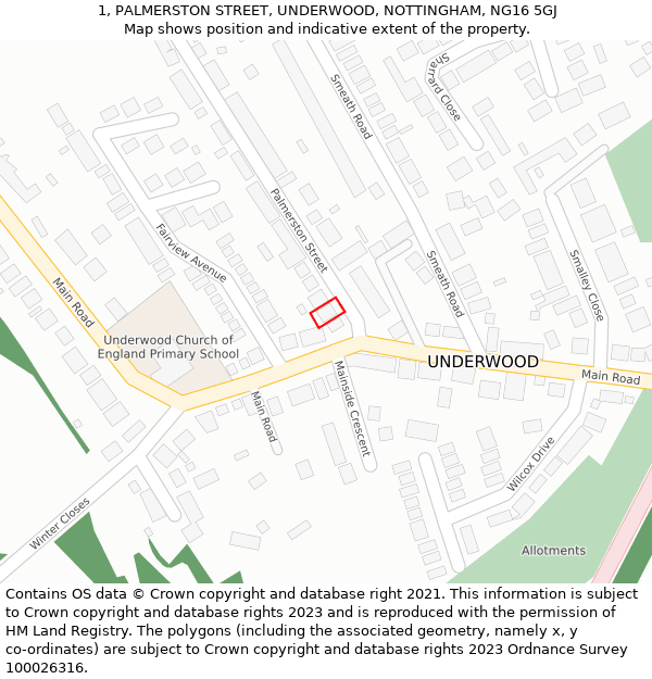1, PALMERSTON STREET, UNDERWOOD, NOTTINGHAM, NG16 5GJ: Location map and indicative extent of plot